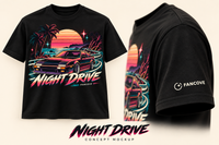 Night Drive concept mockup: front graphic and original FanCove sleeve logo; print placement not finalized