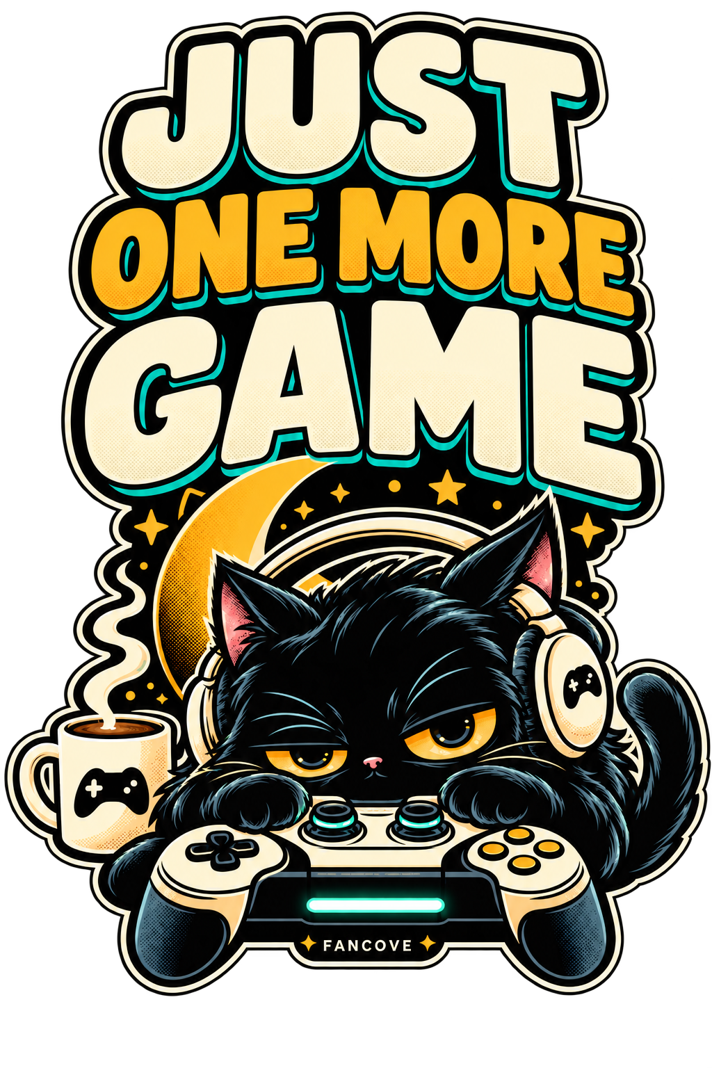 Just One More Game – Gamer Cat Graphic T-Shirt – original FanCove front artwork