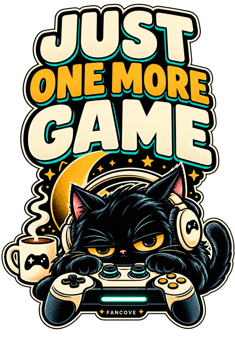 Just One More Game – Gamer Cat Graphic T-Shirt – original FanCove front artwork